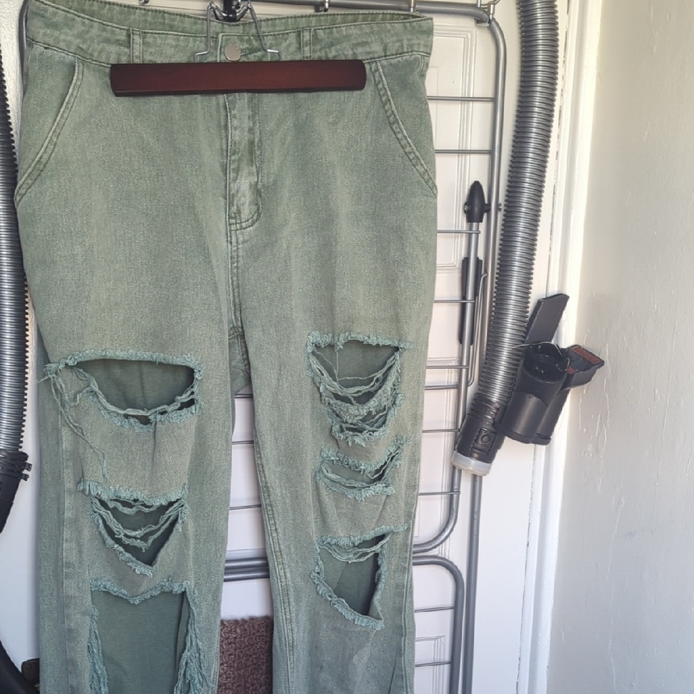 Olive Green Distressed Denim Joggers